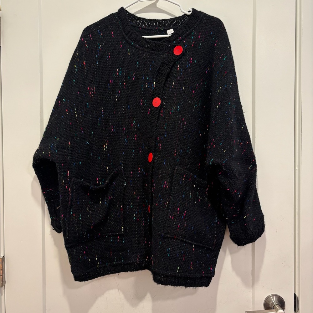 Dorothy Schutte Handwoven Original Black Confetti‎ Knit Cardigan Red Buttons OS